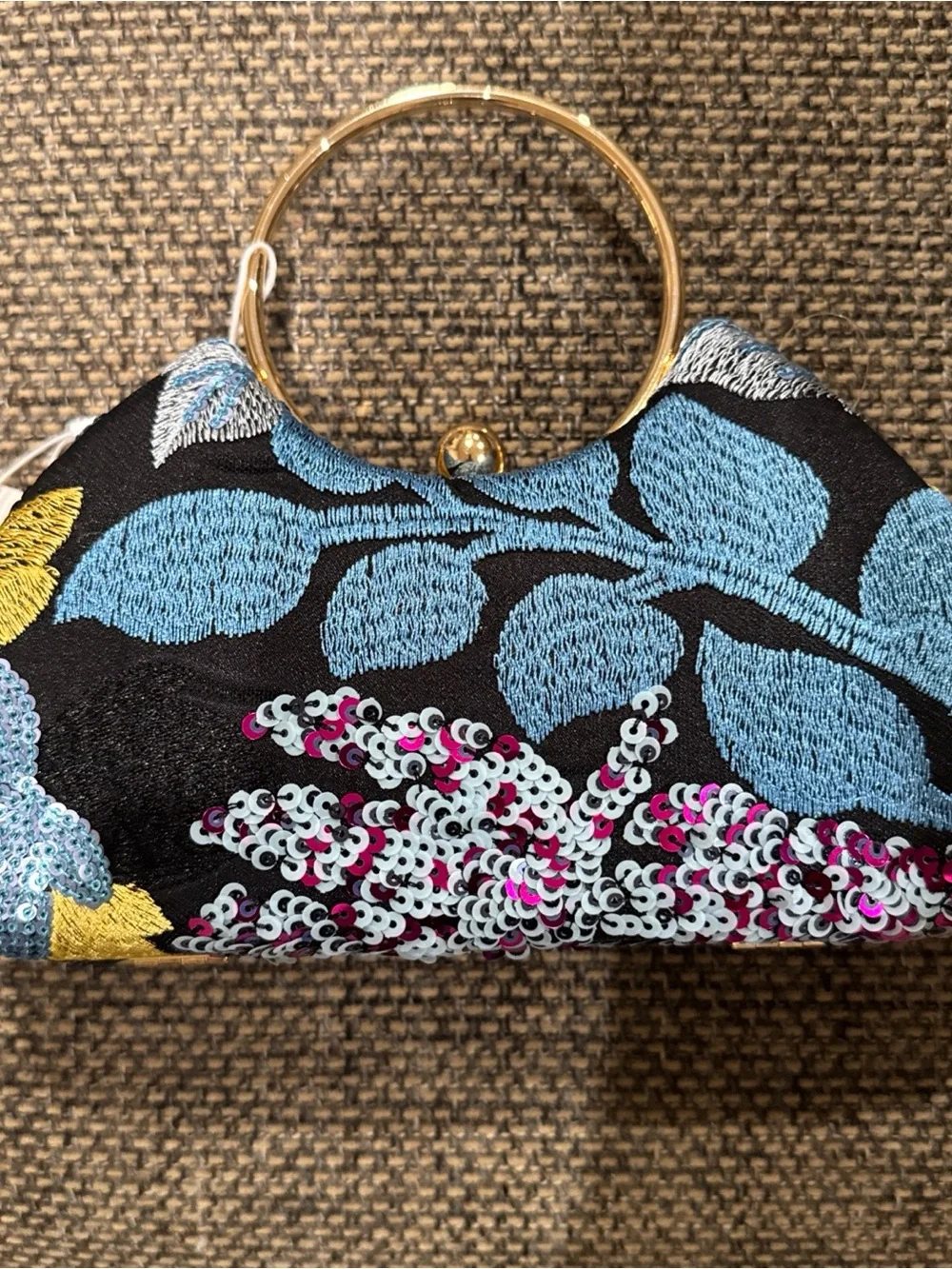 Urban Expressions Beaded Sequin Bag Brass Handle Blue Floral Kiss Lock